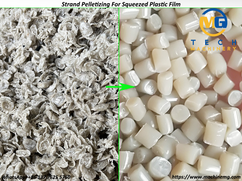 Double Stage Plastic Strand Pelletizer Line For Rigid Plastic Flakes Scraps And Squeezed PE PP Film Bags