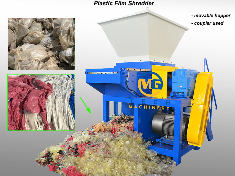 Single Shaft Plastic Film Shredder Machine With Coupler And Movable Hopper