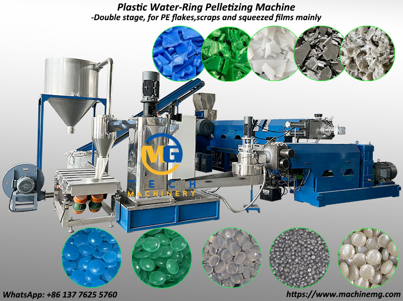 PE Plastic Flakes Water Ring Pelletizing Line For PE Flakes Scraps Recycling Pelletizing