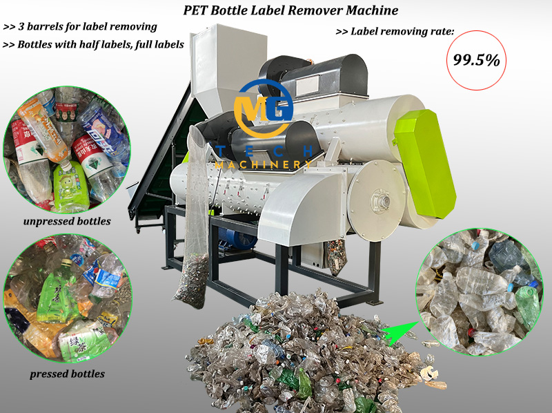 Cost Effective 3 Barrel PET Bottle Label Remover Machine For 99.5% Plastic Label Removing 